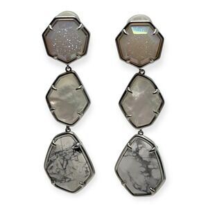 Retired Kendra Scott Nina Linear Stone Earrings White Rodium Clip-On 2.75" 2020